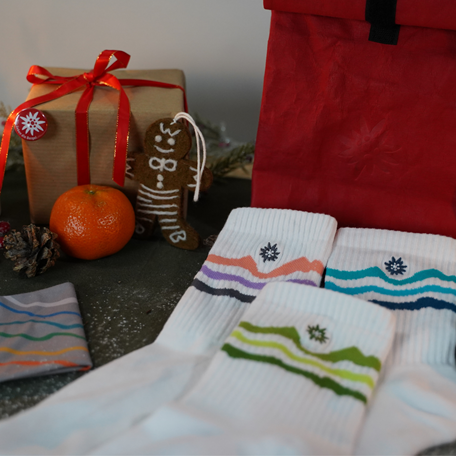 Sportsocken Set aus Bio-Baumwolle mit Höhenlienien in grün, rose und blau-töne,n