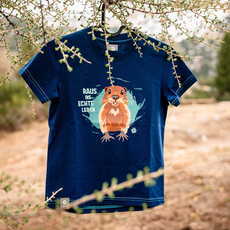 Kinder T-Shirts mit Murmeltier-Druck aufgehängt im Baum