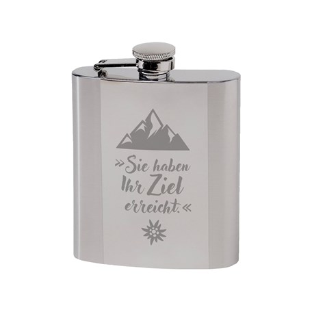 Kleine Edelstahl Taschenflasche mit gelasertem DAV-Motiv "auf der Vorderseite