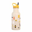 Kinder trinkflasche mit Outdoor Motiven und gelben Strohhalmdeckel