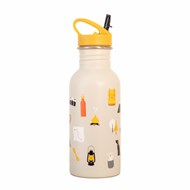 Kinder trinkflasche mit Outdoor Motiven und gelben Strohhalmdeckel