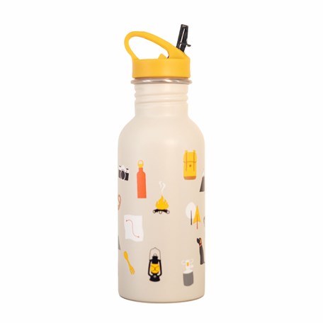 Kinder trinkflasche mit Outdoor Motiven und gelben Strohhalmdeckel