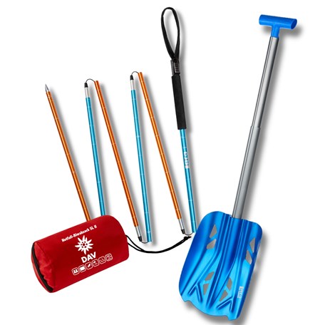 rotwe Biwaksack, orange-blaue Lawinensonde und blaue Lawinenschaufel